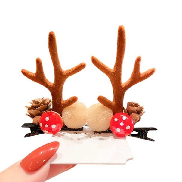 2 pcs Ganchos de cabelo infantis com chifres e orelhas de rena Decorações de Natal para o cabelo Ganchos adoráveis com cogumelos e pinhas Acessórios de inverno para crianças castanho