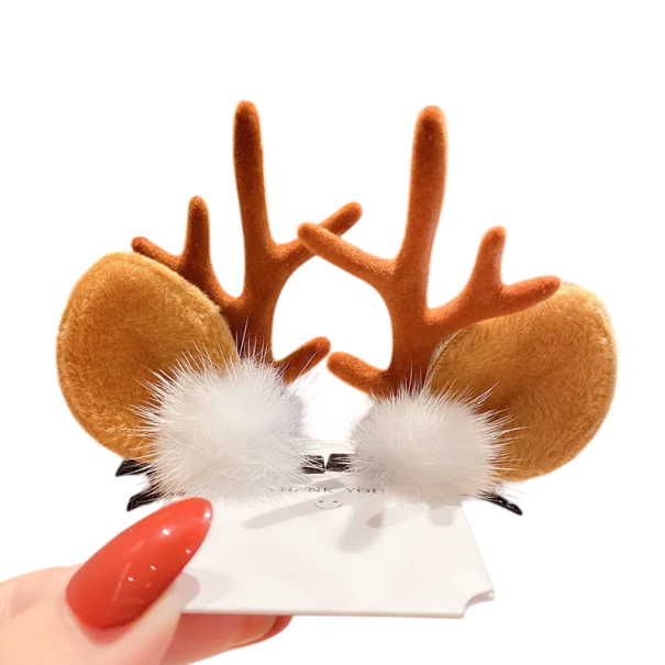 2 pcs Ganchos de cabelo infantis com chifres e orelhas de rena Pompons brancos Acessórios de cabelo de Natal Ganchos adoráveis para meninas Decoração de cabelo de inverno castanho