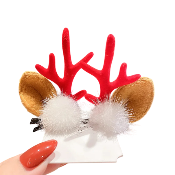 2 pcs Ganchos de cabelo infantis com chifres e orelhas de rena Pompons brancos Acessórios de cabelo de Natal Ganchos adoráveis para meninas Decoração de cabelo de inverno vermelho