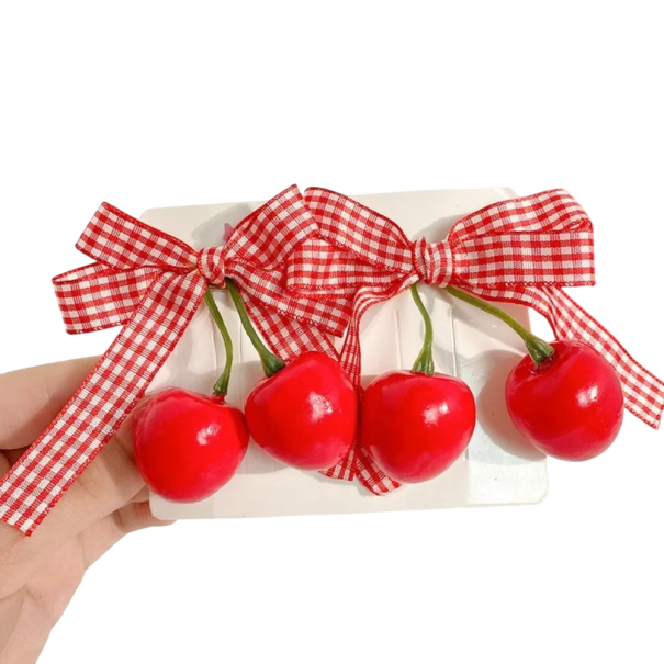 2 pcs Ganchos de cabelo Laço xadrez Vermelhos com cerejas Ganchos adoráveis para meninas Acessório de cabelo da moda Ganchos estilosos para crianças 1