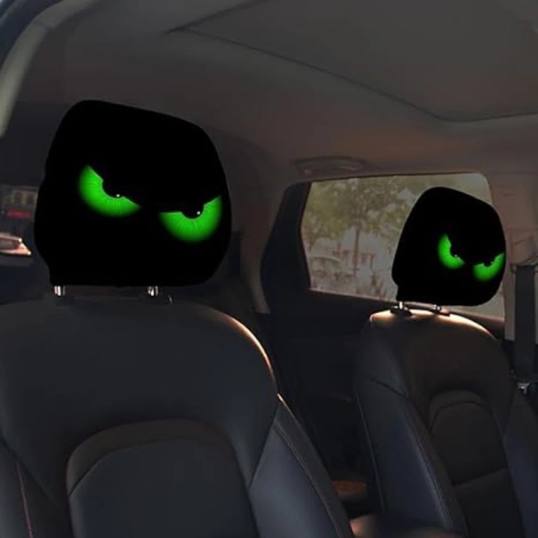 2 pcs Housse d'appui-tête de voiture 28 x 26 cm Housse en polyester noir avec motif d'yeux verts Décoration intérieure de voiture 1