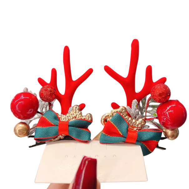 2 pcs Pinces à cheveux pour enfants avec des bois de renne Décorations de cheveux de Noël Pinces mignonnes avec un nœud vert-rouge Accessoires 1