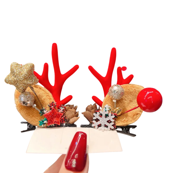 2 pinzas para el pelo para niños con astas y orejas de reno, adornos navideños, estrellas, copos de nieve y piñas, bonitos accesorios para el pelo 1