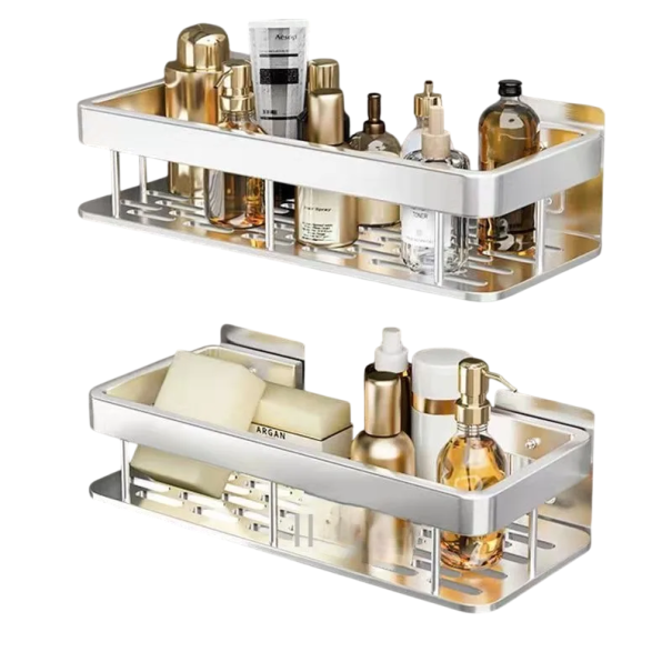 2 st rektangulära badrumshyllor 30x13 cm rostfria väggorganisatörer självhäftande duschhyllor för kosmetika utan borrning silver