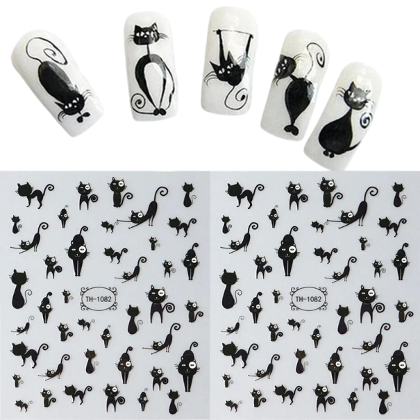 2 stk negleklistermærker sort kat 3D tegnet dyr selvklæbende klistermærker nail art dekoration manicure søde kattemotiver tilbehør 1