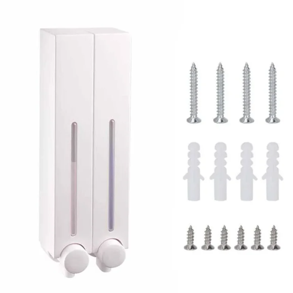 2 stk. vægmonteret sæbe- og showergeldispenser 420 ml. Dispenser til badeværelsesvaskemiddel 10×8×28 cm. Med skruer og dyvler i pakken. hvid