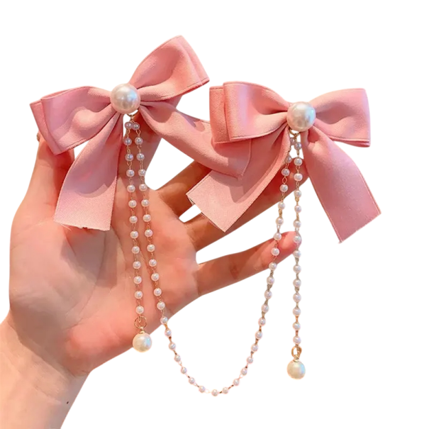 2 Stück Haarspangen mit Chiffonschleifen und Perlen Edle Perlenkette 30 cm Stylischer Haarschmuck Zarte Haarschleifen rosa