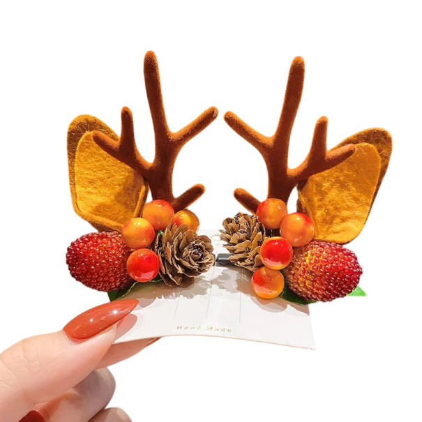 2 Stück Kinder-Haarspangen, Rentiergeweih und -ohren, Weihnachts-Haarschmuck, süße Haarspangen in Form von Früchten und Tannenzapfen, Winter-Accessoires für Kinder braun