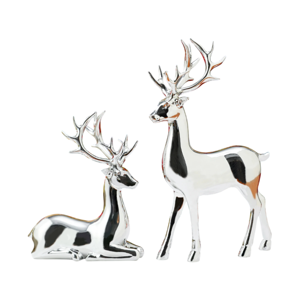 2 stuks Kerstdecoratie glanzende hert 16 x 9 cm en ree 11 x 9 cm Elegante figuren winterdecoratie voor in huis Feestdecoratie natuurlijke motief zilver