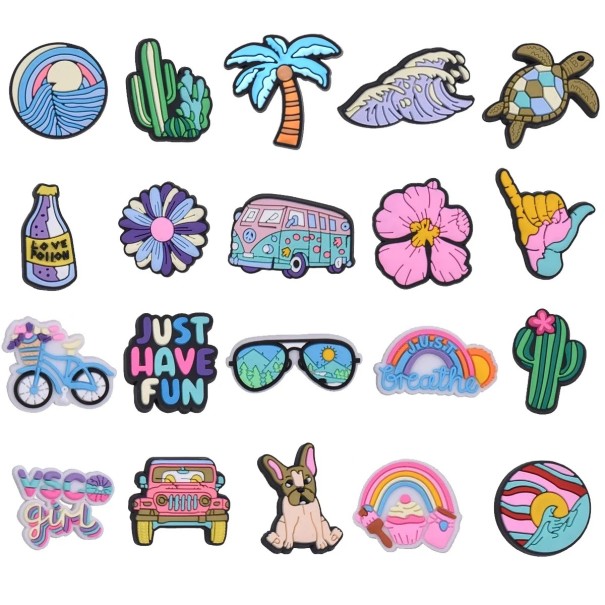 20 ks dekorace na crocsy barevné motivy PVC sada ozdob do nazouvací obuvi doplňky do otvorů bot různorodé tvary 1