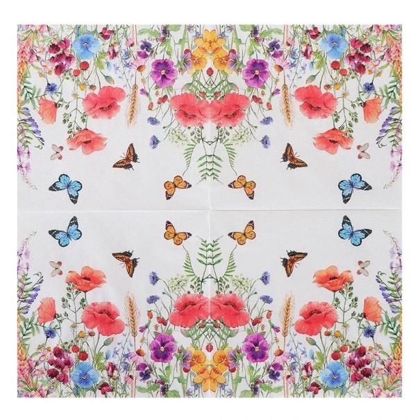 20 ks Papírové ubrousky Motiv louky a motýlů 33 x 33 cm 2 vrstvy  Dekorativní stolní ubrousky Přírodní potravinářský inkoust na vodní bázi 1