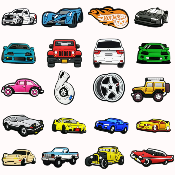 20 ks Sada dekorací na crocsy motivy aut  3–4 cm PVC ozdoby do crocs obuvi doplňky na nazouváky s otvory 1