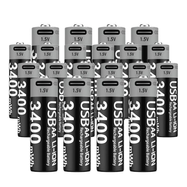 20 ladattavan AA-pariston sarja 3400 mWh litiumioniakku 14,5 x 50,5 mm USB-C-lataus Ympäristöystävällinen vaihtoehto Uudelleenkäytettävä Pitkä 1