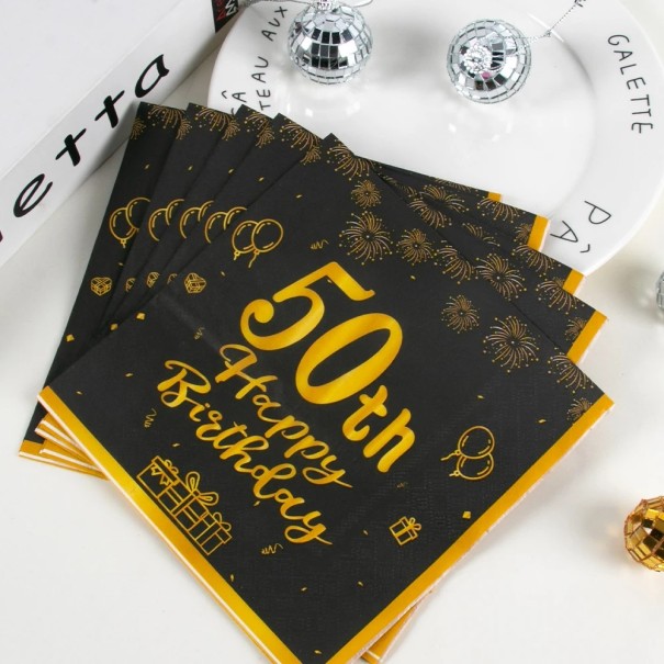 20 pcs Serviettes en papier Serviettes d'anniversaire 50e anniversaire Design noir et or Serviettes décoratives pour fête d'anniversaire 1