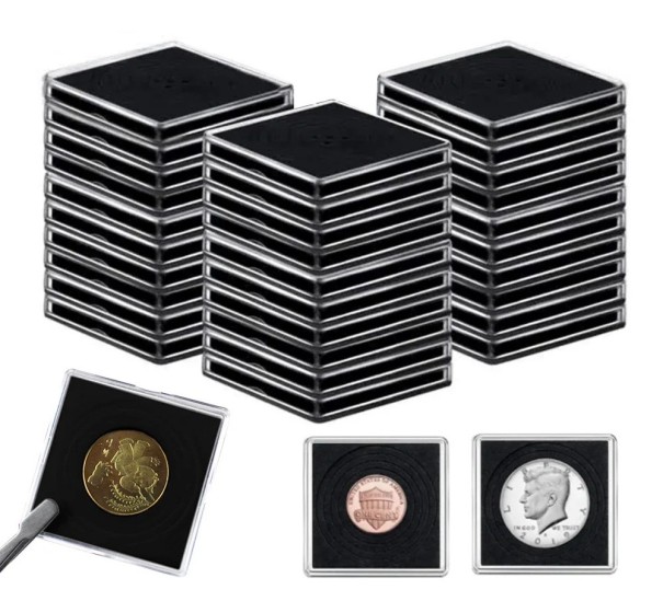 20 pcs Suportes quadrados de plástico para moedas Cápsulas de acrílico com espuma Para diâmetro 20 25 30 35 40 mm 1