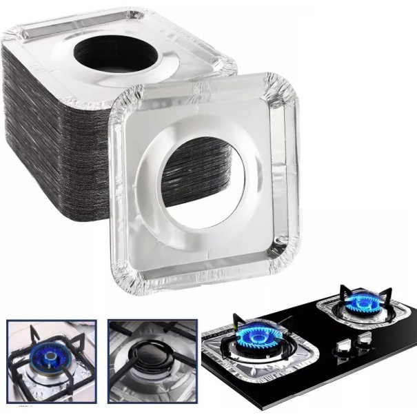 20 pièces de carrés de protection pour cuisinière contre la saleté 23×23 cm en feuille d'aluminium argentée pour la protection de la cuisinière à gaz 1