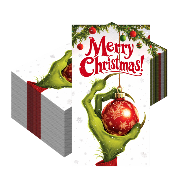 20 Stück Papierservietten 40 x 33 cm Weihnachtsservietten Grinchs Hand mit Weihnachtskugel Frohe Weihnachten Dekorative Servietten für den Tisch 1