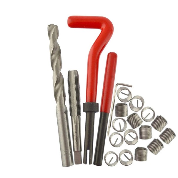 20 Stück Satz Einsätze zur Reparatur von metrischen Gewinden M10x1,25 mit Bohrer und Gewindeschneider metallisch silber rot zur Gewinde-Reparatur