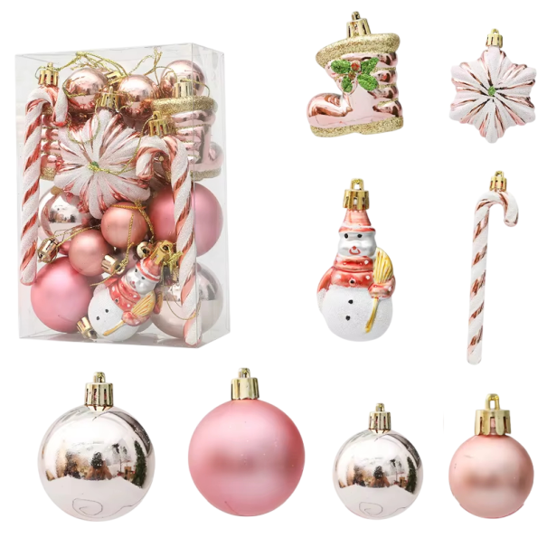 20 stuks Kerstversieringen om op te hangen Verschillende vormen bal sneeuwman ster Hangende kerstdecoratie voor in huis op de boom en in het interieur roze