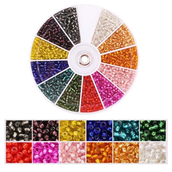 2000 Glass Beads 2 mm Hole 1 mm Rotating Packaging 8.4 × 8.4 cm 12 Compartments Colour Set for Making Necklaces, Bracelets and Earrings 1