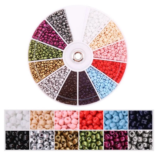 2000 Glass Beads 2 mm Hole 1 mm Rotating Packaging 8.4 × 8.4 cm 12 Compartments Colour Set for Making Necklaces, Bracelets and Earrings 1