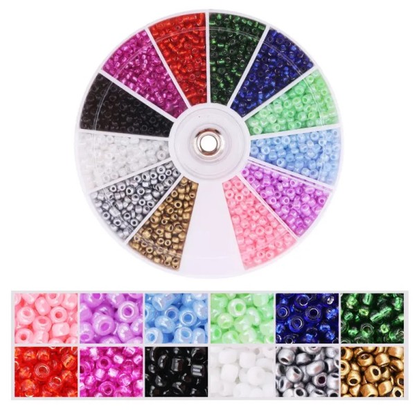2000 unidades de contas de vidro 2 mm furo 1 mm Embalagem rotativa 8,4 × 8,4 cm 12 compartimentos Conjunto colorido para a produção de colares 1