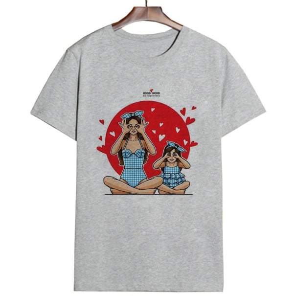 Dam T-shirt med mamma och dotter tryck grå M
