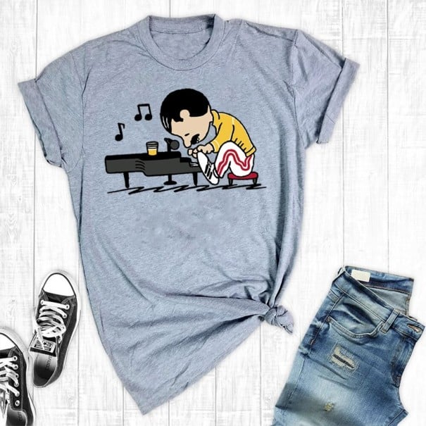 Dam T-shirt med pianotryck grå M