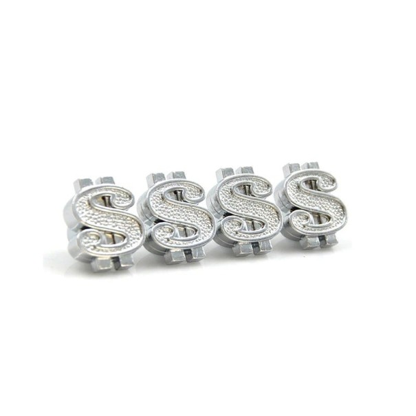 Dekorativa ventilkåpor för däck i form av dollar-symbol Plast och koppar Glänsande metallutseende Mått 1,5 x 1,5 x 1,5 cm Set med 4 stycken silver