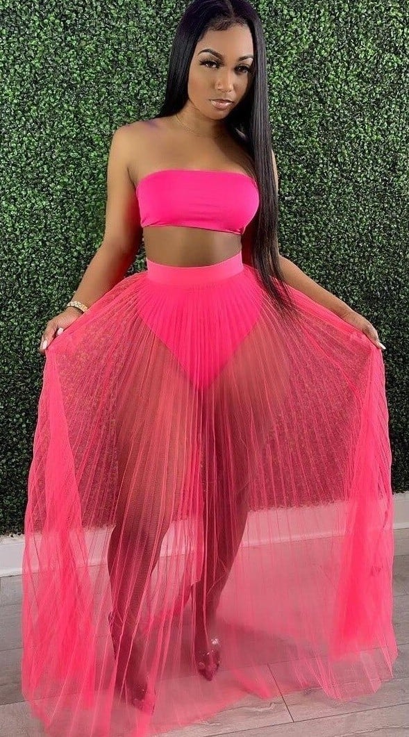 Dámský crop top a průsvitná sukně B1265 tmavě růžová S