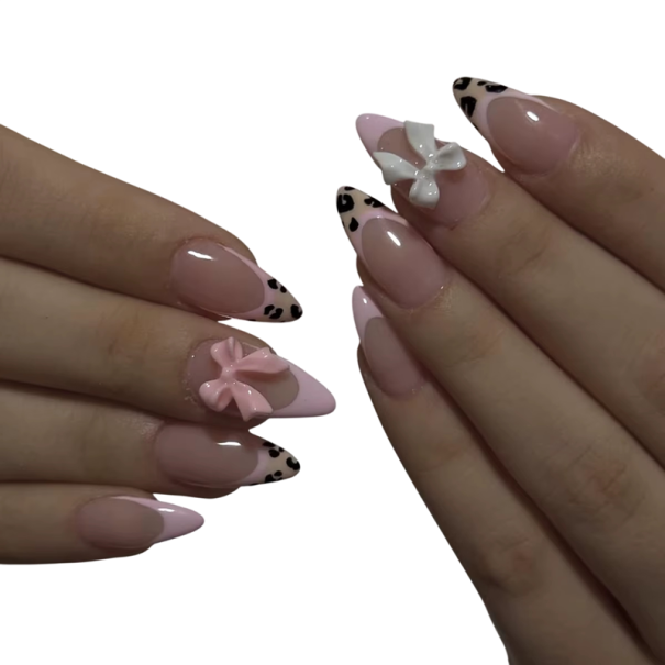 24 ks de unhas acrílicas em forma de amêndoa com manicure francesa para mulheres e raparigas 12 tamanhos padrão de leopardo laços 3D cola lima para uso doméstico e em salão 1