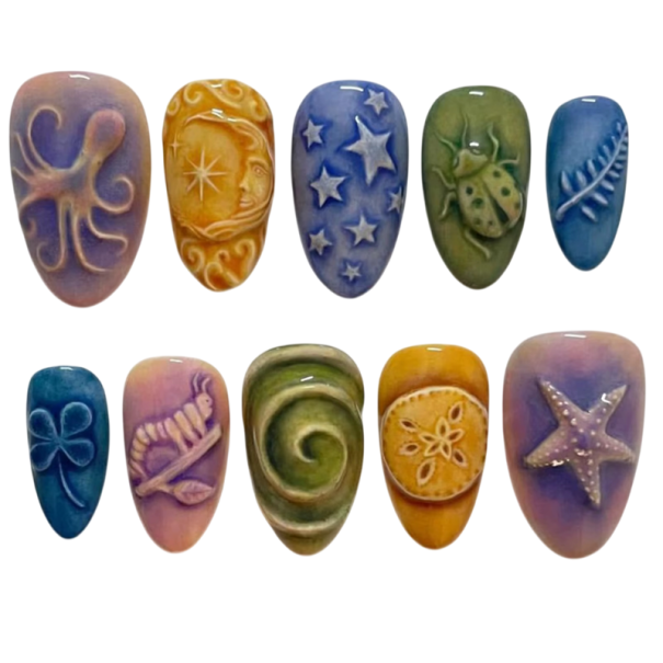 24 piezas de uñas artificiales 12 tamaños 25,6–18,3 mm Forma de almendra Patrones de colores Superficie brillante Set con pegamento y herramienta 1