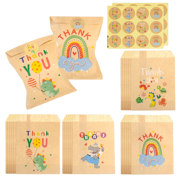 24 Retro Kraft Gift Bags 13 x 18 cm for Birthdays with Floral Designs and Thank You Stickers 3.5 cm Party Sweets Biscuits 1