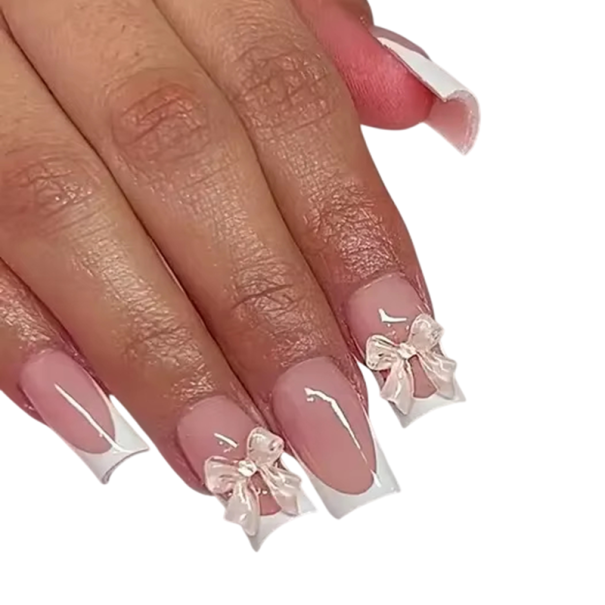 24 stuks Kunstnagels met Franse manicure Vierkante vorm Versierd met strikjes en steentjes Acryl 12 maten Voor thuis- en professioneel gebruik 1