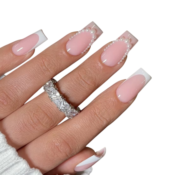 24 sztuk Naklejanych kwadratowych akrylowych paznokci z perełkami i słodkim francuskim wzorem Klej i pilnik w zestawie do domowej manicure 1