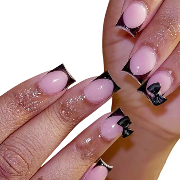 24 unid. Unhas artificiais quadradas de tamanho médio com cobertura total Dicas adesivas de acrílico com laços 3D Manicura francesa elegante 1