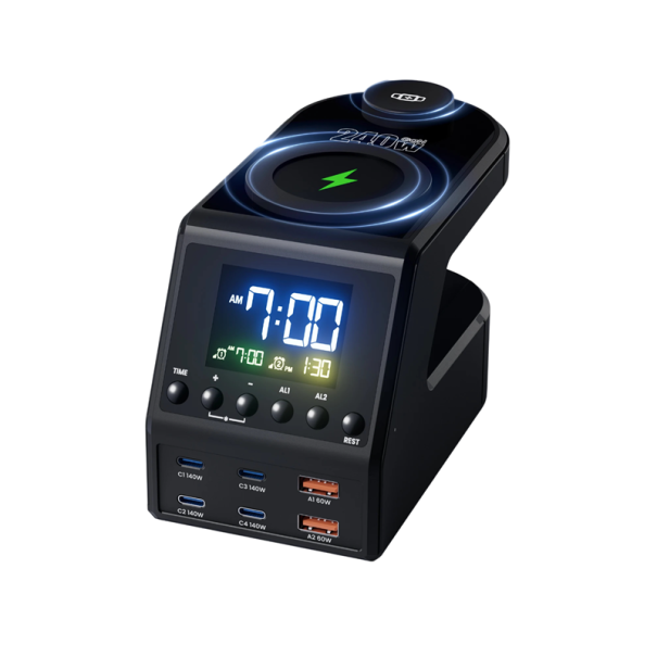 240W GaN-laddare 72 x 90 mm 10i1 PD3.1 USB-C 4×140W Trådlös laddning 15W Väckarklocka Digitala klockor Skrivbordstation för MacBook iPhone Samsung iWatch 1