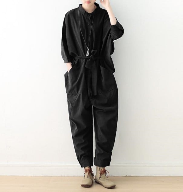 Långskjorta jumpsuit för kvinnor svart