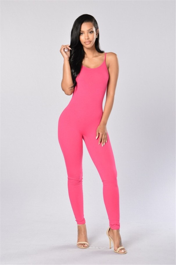 Elastisk jumpsuit för kvinnor med tunna remmar A2050 mörkrosa S