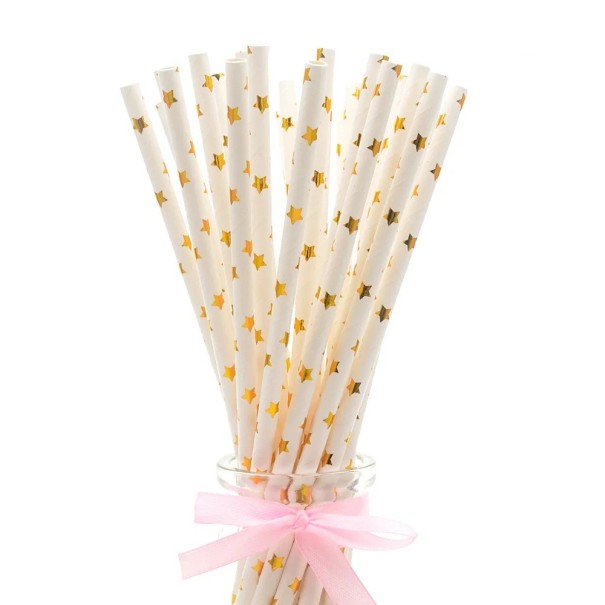 25 pz Cannucce di carta Bianche con stelle dorate Cannucce decorative per feste usa e getta per bevande per celebrazioni matrimoni 1