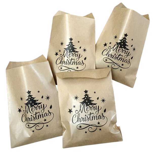 25 unidades de sacos de presente de Natal 13 x 18 cm em papel kraft com motivo de árvore de Natal e a inscrição Merry Christmas em fundo dourado 1