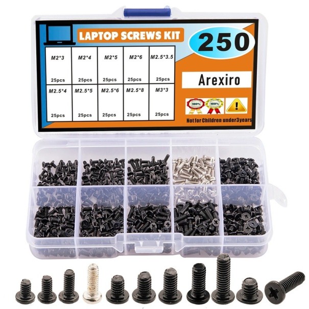 250 ks sada šroubů M2 M2.5 M3 různé délky černá a stříbrná pro opravu počítačové elektroniky a notebooků v boxu 1