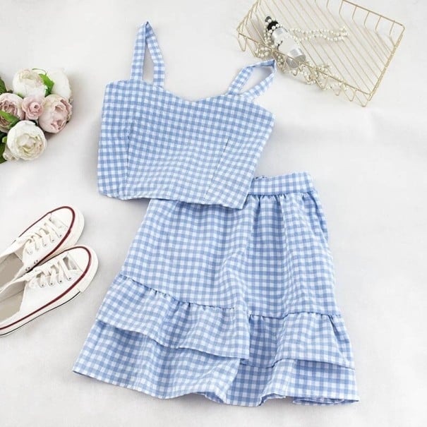 Top y falda a cuadros para mujer azul claro