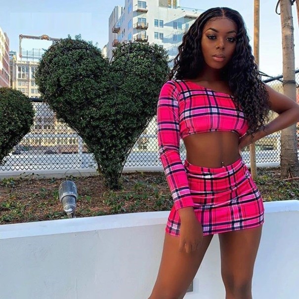 Dámský kostkovaný crop top a sukně B1034 tmavě růžová M