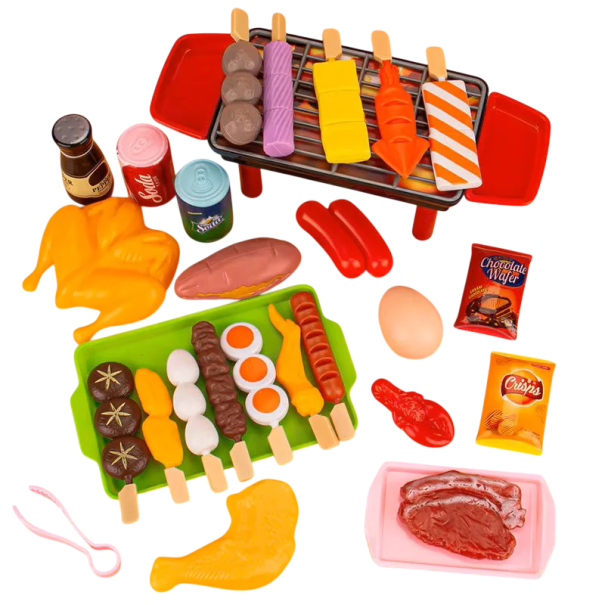 27 tlg. Set mit Kinderküchenbesteck, Essen, Getränken und Grill Spielzeug aus Kunststoff für Kinder zum Kochen und Grillen 1