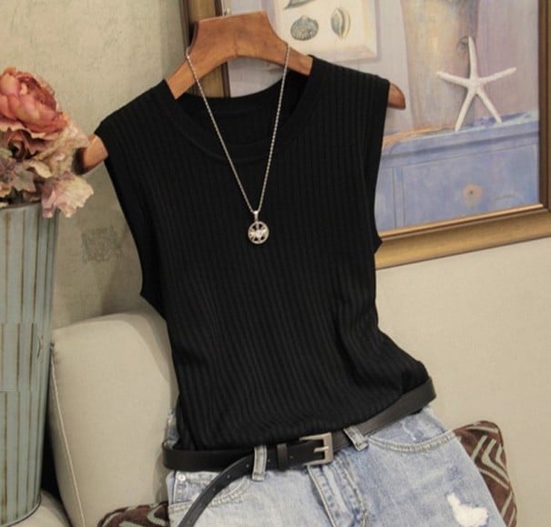 Top de punto sin mangas para mujer negro