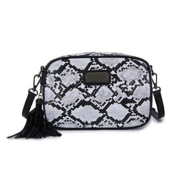Dams crossbody-väska med ormskinnsmönster och frans Rektangulär form med rundade hörn Metallmärke PU-läder Mått 22 x 15 x 9,5 cm grå