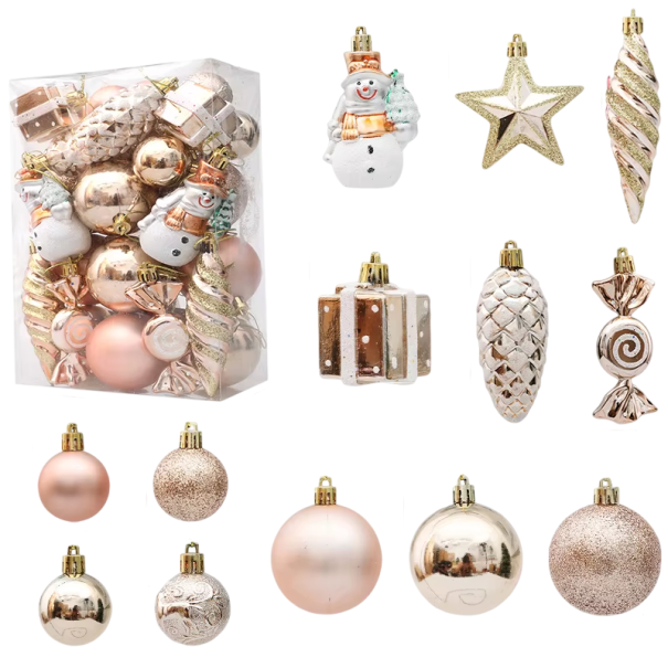 29 Stück Hängende Weihnachtsdekorationen für den Innenbereich Verschiedene Formen Kugel Schneemann Tannenzapfen Wohnkultur für den Weihnachtsbaum und festliche Dekoration golden