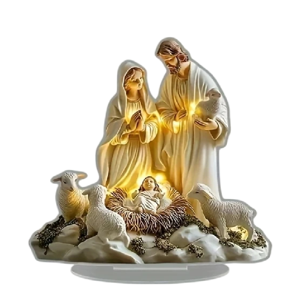 2D acryl kerstdecoratie voor op tafel 15 x 15 cm Geboorte van Jezus Getekende print Maria Jozef Lammetjes Cadeauversiering 1