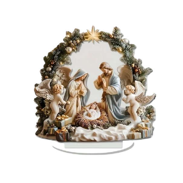 2D akrylowa dekoracja świąteczna z podstawą 13 x 17 x 18 cm Betlejem Narodzenie Jezusa Anioły Maryja Święty Józef Złota gwiazda prezent na stół 1